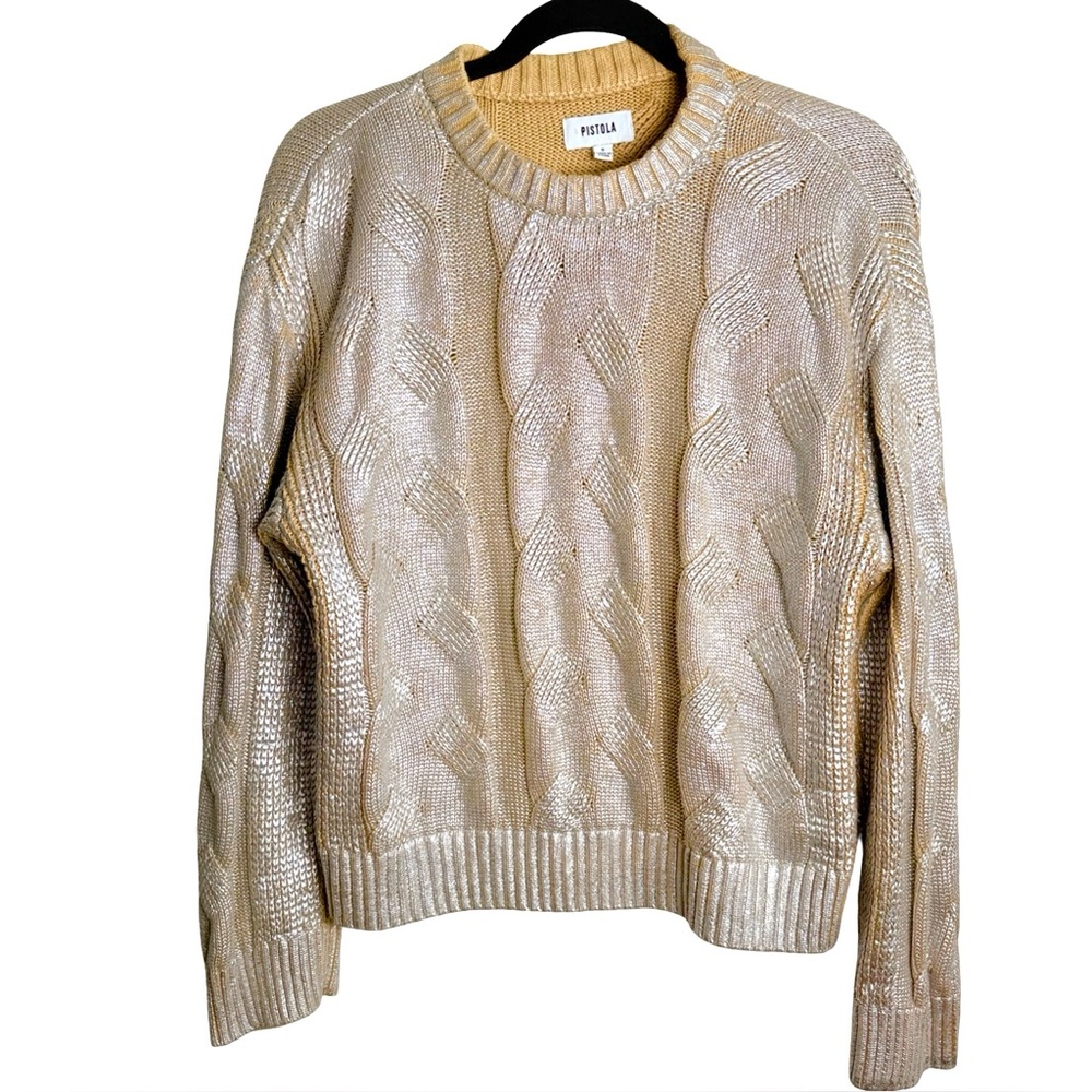 Pistola Everly Metallic Gold Foil Cable Knit Sweater Crewneck Size S - Picture 2 of 10